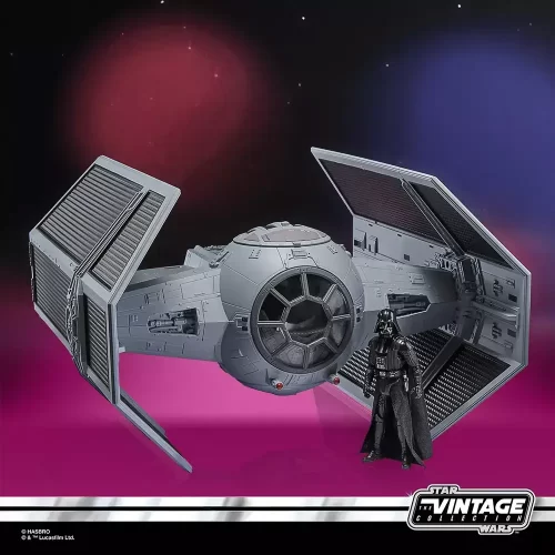 Hasbro Star Wars The Vintage Collection Darth Vader's TIE Advanced with Vader standing in front of it.