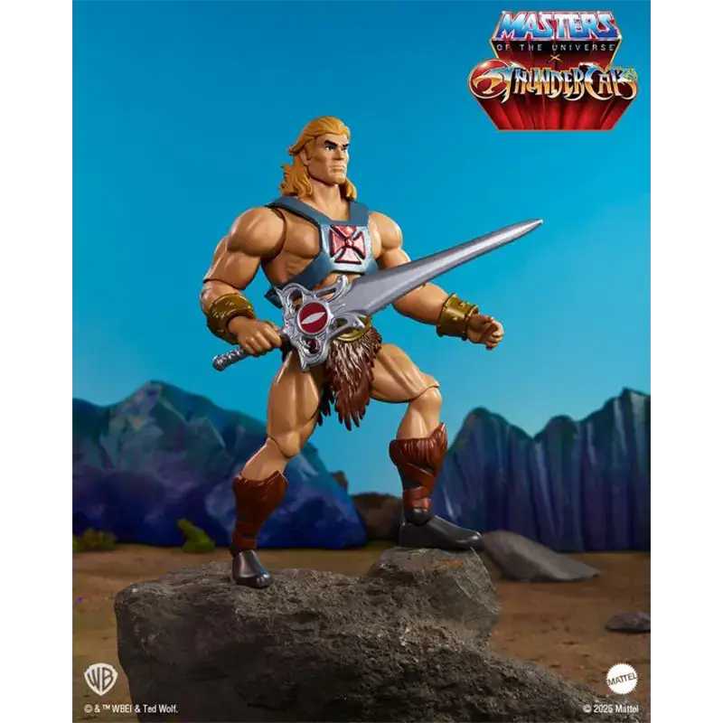 Mattel Masters of the Universe Origins x Thundercats He-Man. Posed with his sword at side with Eternia in the background.
