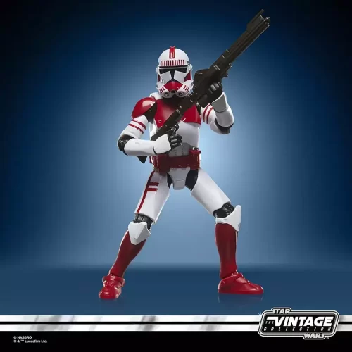 Hasbro Star Wars The Vintage Collection Imperial Shock Trooper with blaster rifle in air.