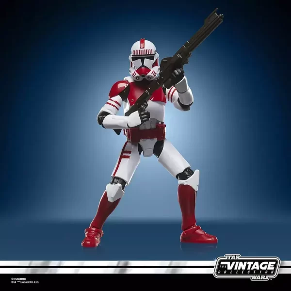 Hasbro Star Wars The Vintage Collection Imperial Shock Trooper with blaster rifle in air.