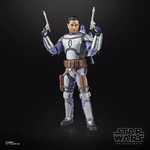 Hasbro Star Wars The Black Series Jango Fett with blasters in the air.