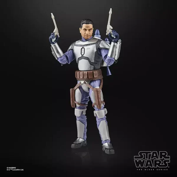 Hasbro Star Wars The Black Series Jango Fett with blasters in the air.