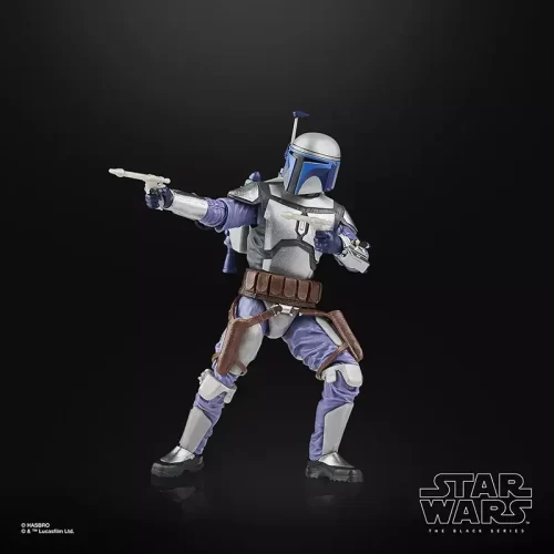 Hasbro Star Wars The Black Series Jango Fett posed with dual blasters.