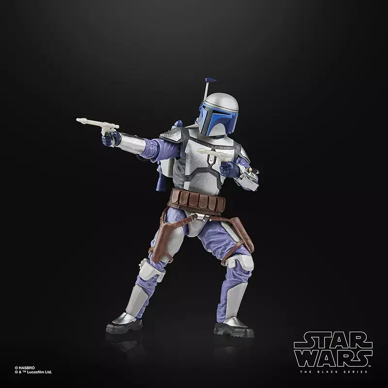 Hasbro Star Wars The Black Series Jango Fett posed with dual blasters.