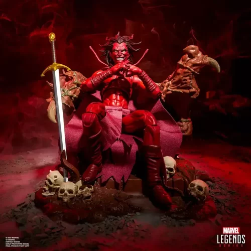 Hasbro Marvel Legends Marvel's Mephisto with Infernal Throne. Mephisto sitting on throne next to sword.