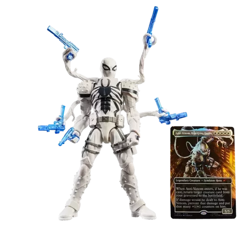 Hasbro Marvel Legends Magic: The Gathering Agent Anti-Venom with guns and card.