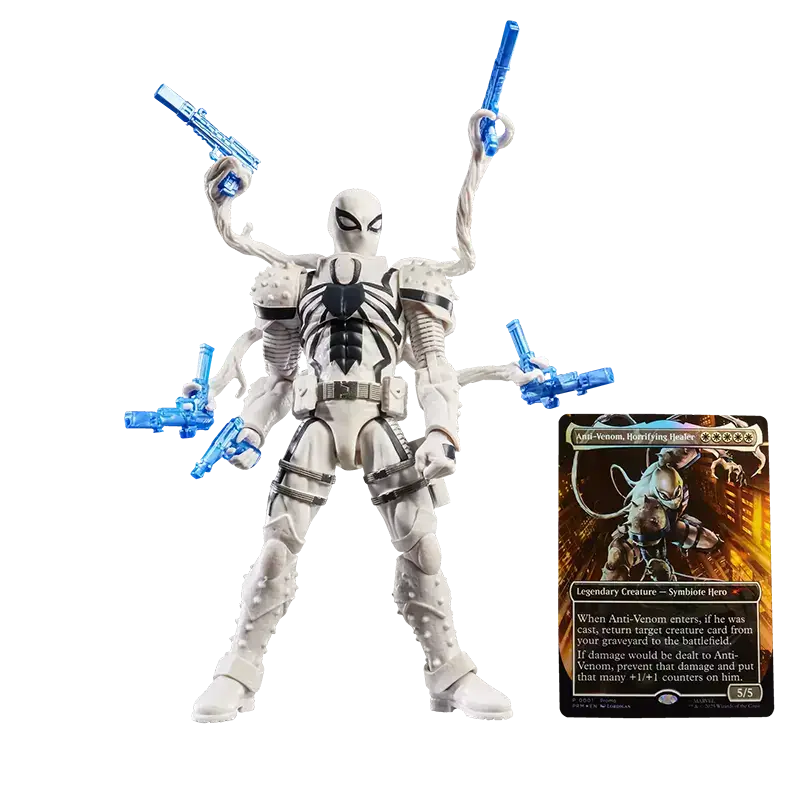 Hasbro Marvel Legends Magic: The Gathering Agent Anti-Venom with guns and card.