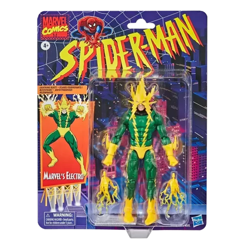 Hasbro Marvel Legends Spider-Man Retro Electro on card back.