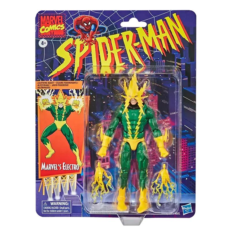 Hasbro Marvel Legends Spider-Man Retro Electro on card back.