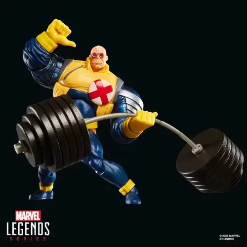 Hasbro Marvel Legends X-Factor Strong Guy holding weights with one hand.