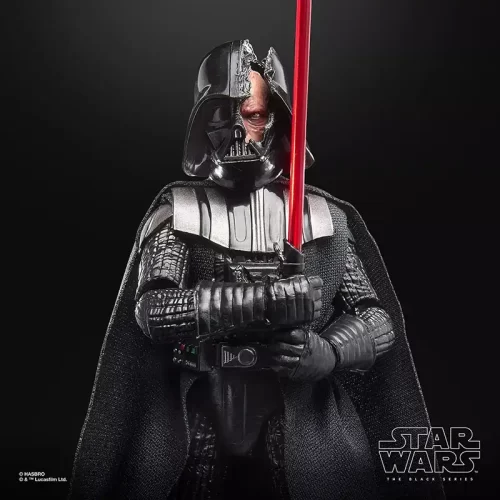Hasbro Star Wars The Black Series Darth Vader (Duel's End) close up of battle damaged mask.